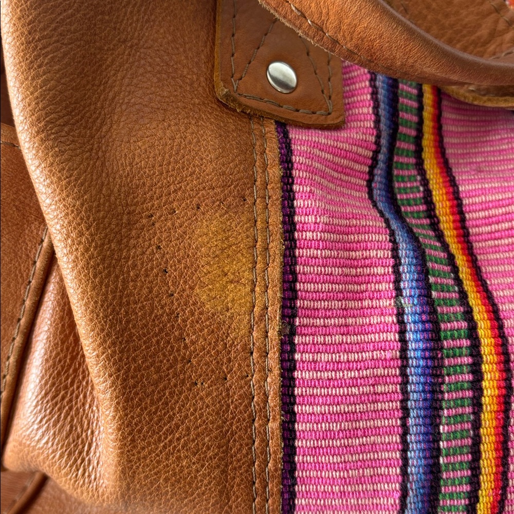 Nena & Co. Brown Leather Travel Bag with Pink Multicolor Stripe Panel - Picture 7 of 11